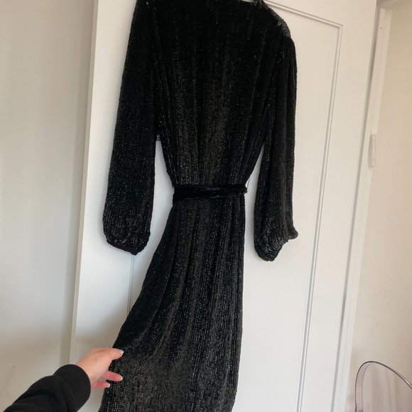 Retrofete Audrey Robe Dress Shiny Black Blue Sequins Wrap Style Midi Dress - Picture 15 of 16